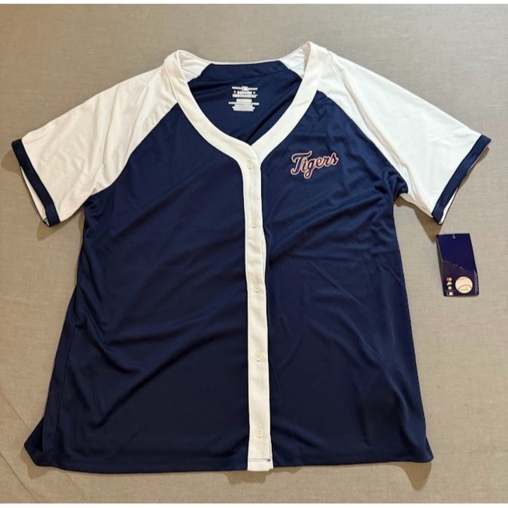 Detroit Tigers Majestic Genuine Baseball Jersey Womens 2XL Blue Button Blank.